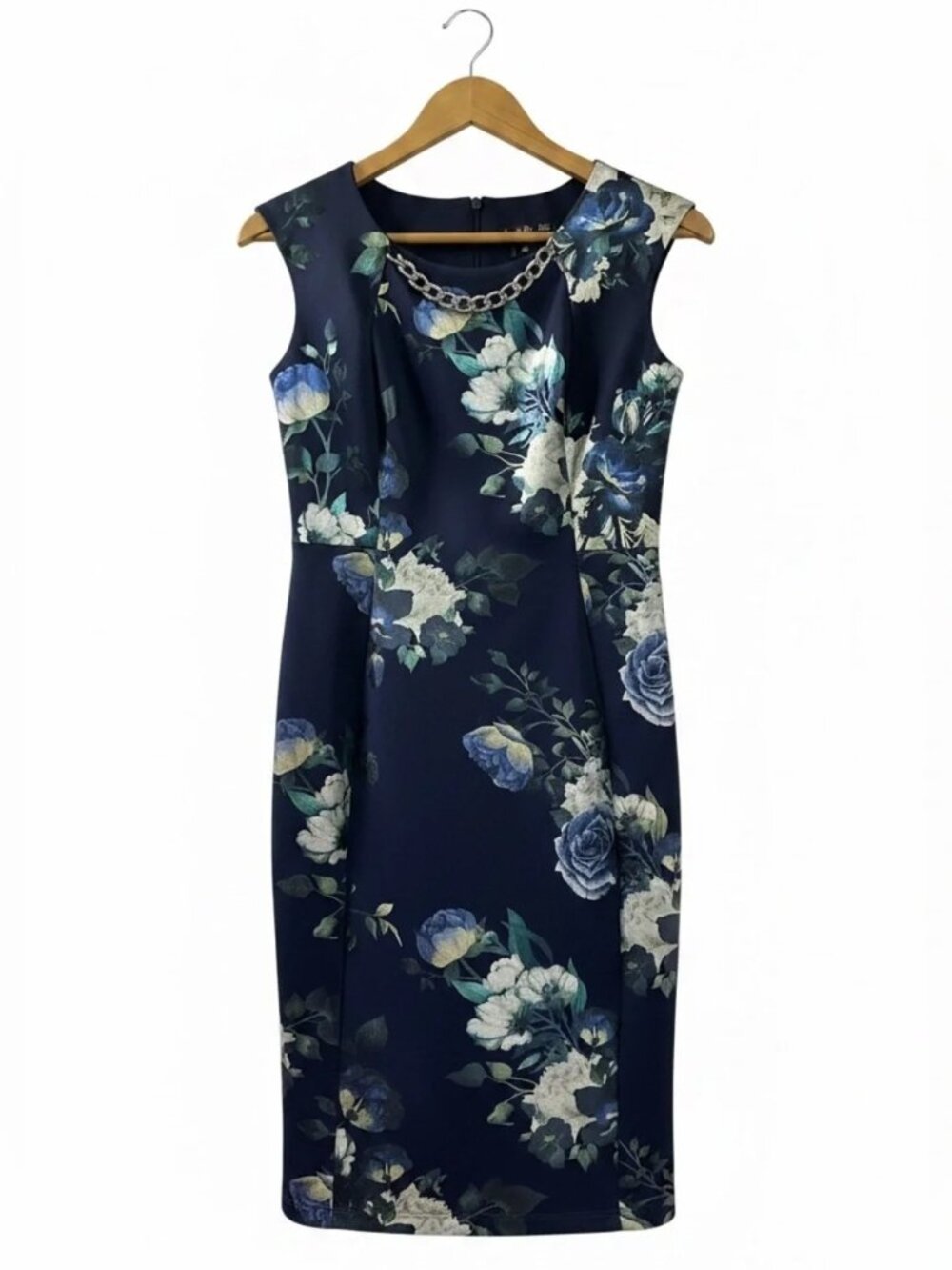 Alexa B Nites Navy Sleeveless Chain Neckline Floral Sheath Dress Size 4P - Picture 2 of 9